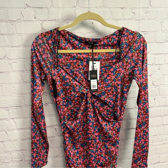 AFRM NEW Corinne Cutout side shirred knit mini dress red ditsy Medium coquette - Picture 4 of 13